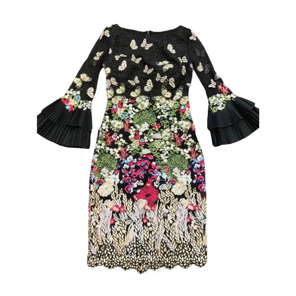 NWT $590 Jovani Womens Black Floral Round Neck Bell Sleeve Mini Dress Si… - Picture 5 of 13